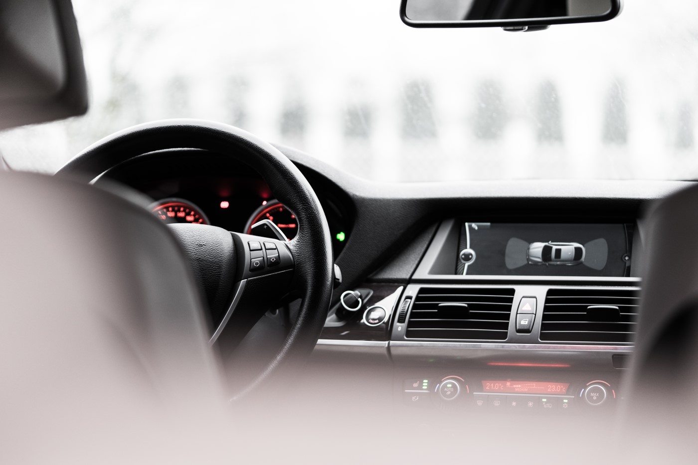 car interior with a wheel